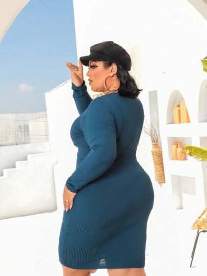 Vestido Feminino Plus Size modelo Inverno com decote Nó manga longa , em suplex canelado super