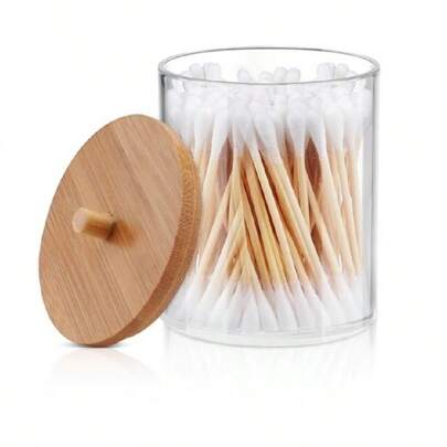 Porta Algodão E Cotonete Em Acrílico Transparente Com Tampa De Bambu 7 x 9.1Cm