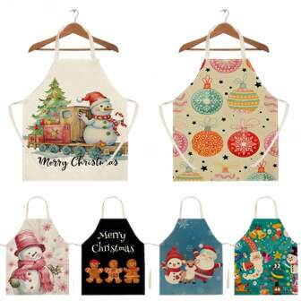 1pc Christmas Snowman, Bell, Gingerbread, Santa Claus Pattern Linen Fashion Apron For Home Cleaning, Cooking, Household Use
