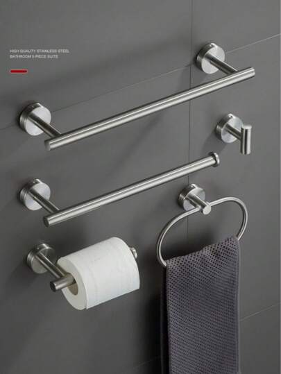 1pc Stainless Steel Towel Bar Bathroom Towel Rack Paper Towel Holder With Hooks, Drill Installation For Sturdier Grip, Multi-Functional Storage