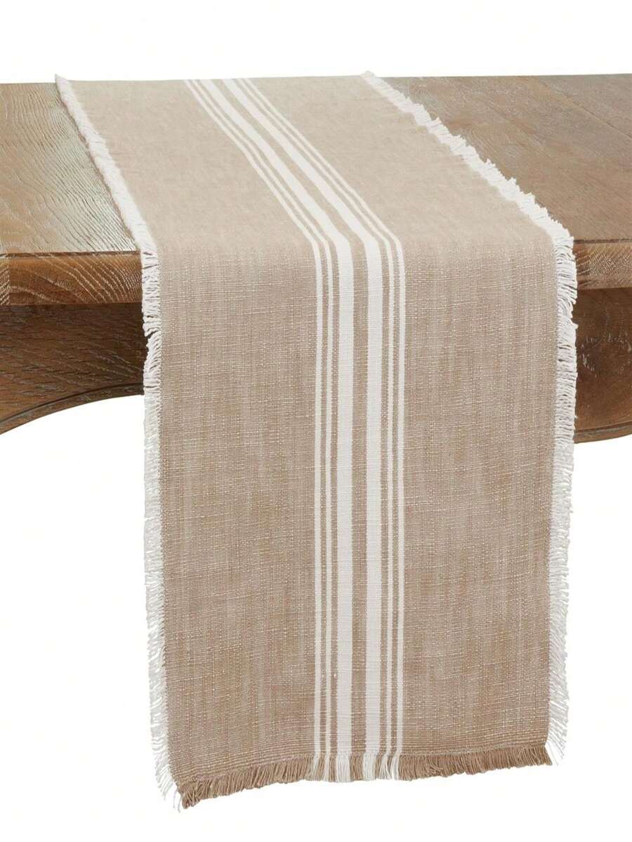 Saro 1919.N1372B 13 X 72 In. Striped Fringe Oblong Table Runner, Natural - Nhiều màu - Xem 1