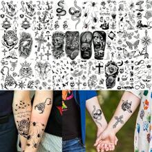 48 Sheets 3D Small Temporary Tattoos For Women Neck Arm Temp Tiny Halloween Tattoo Stickers Men Spider Cross Scorpion Snake Tiger Lion, Flower Ghost Skull Fake Tatoos Acnhor - Black - View 3