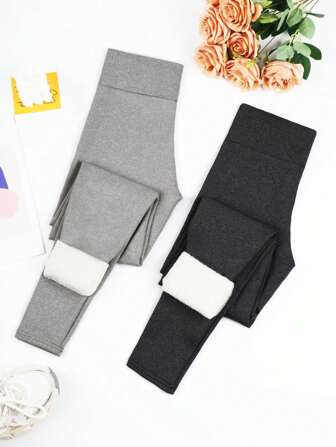 2Pcs/Set Thermal Lined Leggings, Casual High Waist Thermal Leggings, Outdoor Sports Winter Leggings Tights