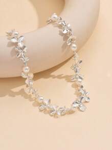 1 件手工仿珍珠花装饰项链，银色锁骨链，适合女性日常和派对佩戴情人节、妈妈、母亲、母亲节、礼物 - 仿珍珠+花朵 - 查看 4