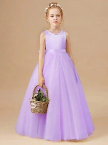 Váy dự tiệc đính cườm 3D thủ công cho bé gái tuổi mới lớn, váy công chúa màu oải hương thích hợp cho tiệc sinh nhật, dạ hội, bé gái rải hoa, phù dâu, khiêu vũ ở trường, tiệc mừng ngày lễ - Màu tím hoa cà - Xem 3