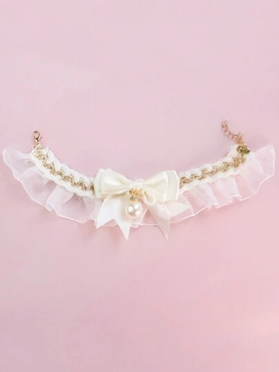 1 件白色蕾丝蝴蝶结和珍珠宠物项链，适合猫狗，日常佩戴