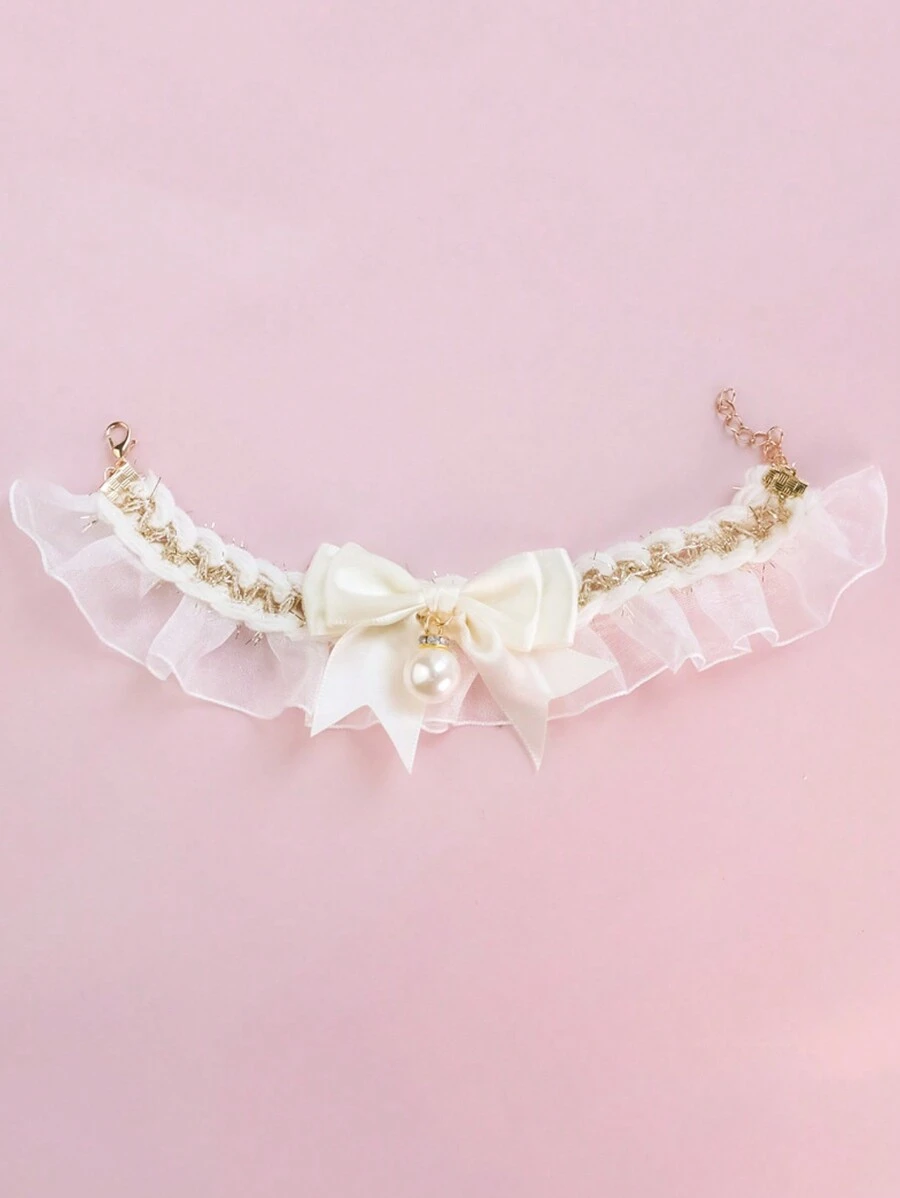 1 件白色蕾丝蝴蝶结和珍珠宠物项链，适合猫狗，日常佩戴 - 白色 - 查看 1