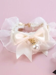 1 件白色蕾丝蝴蝶结和珍珠宠物项链，适合猫狗，日常佩戴 - 白色 - 查看 5
