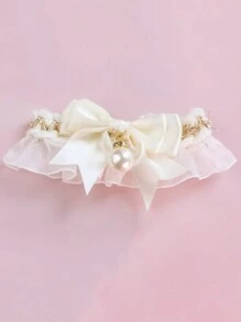 1 件白色蕾丝蝴蝶结和珍珠宠物项链，适合猫狗，日常佩戴 - 白色 - 查看 3