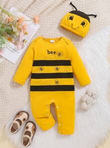 Enterizo para bebé niña con estampado de abeja de manga larga con gorro de abeja, para otoño/invierno - Amarillo - Ver 1