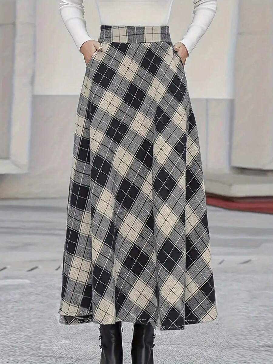 女士格子高腰 A 字形休闲优雅半身裙 - 彩色 - 查看 1