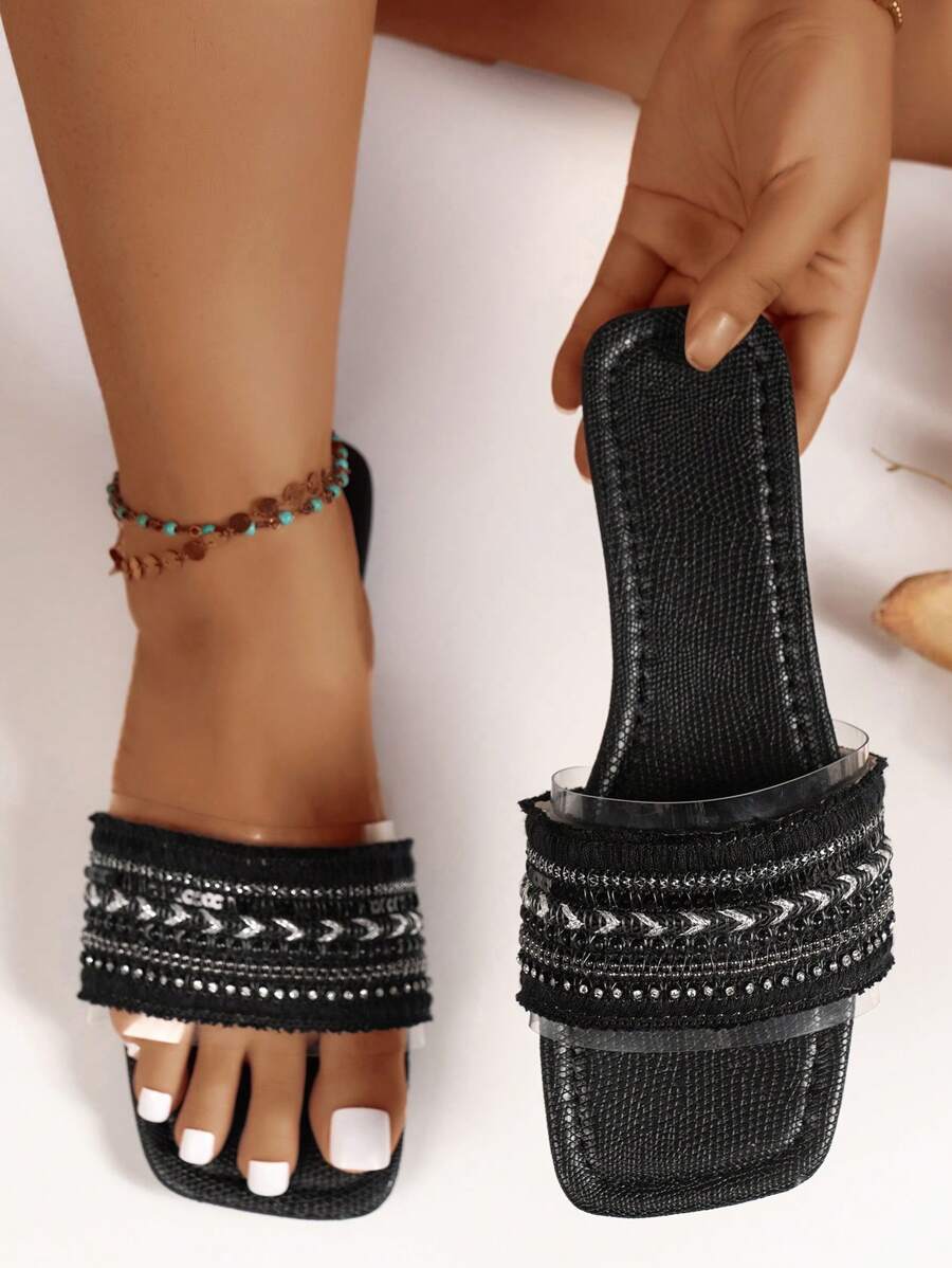 Dép đế bằng quai Bohemian dáng rộng cho nữ, màu đen, đi nghỉ hè - màu đen - Xem 1