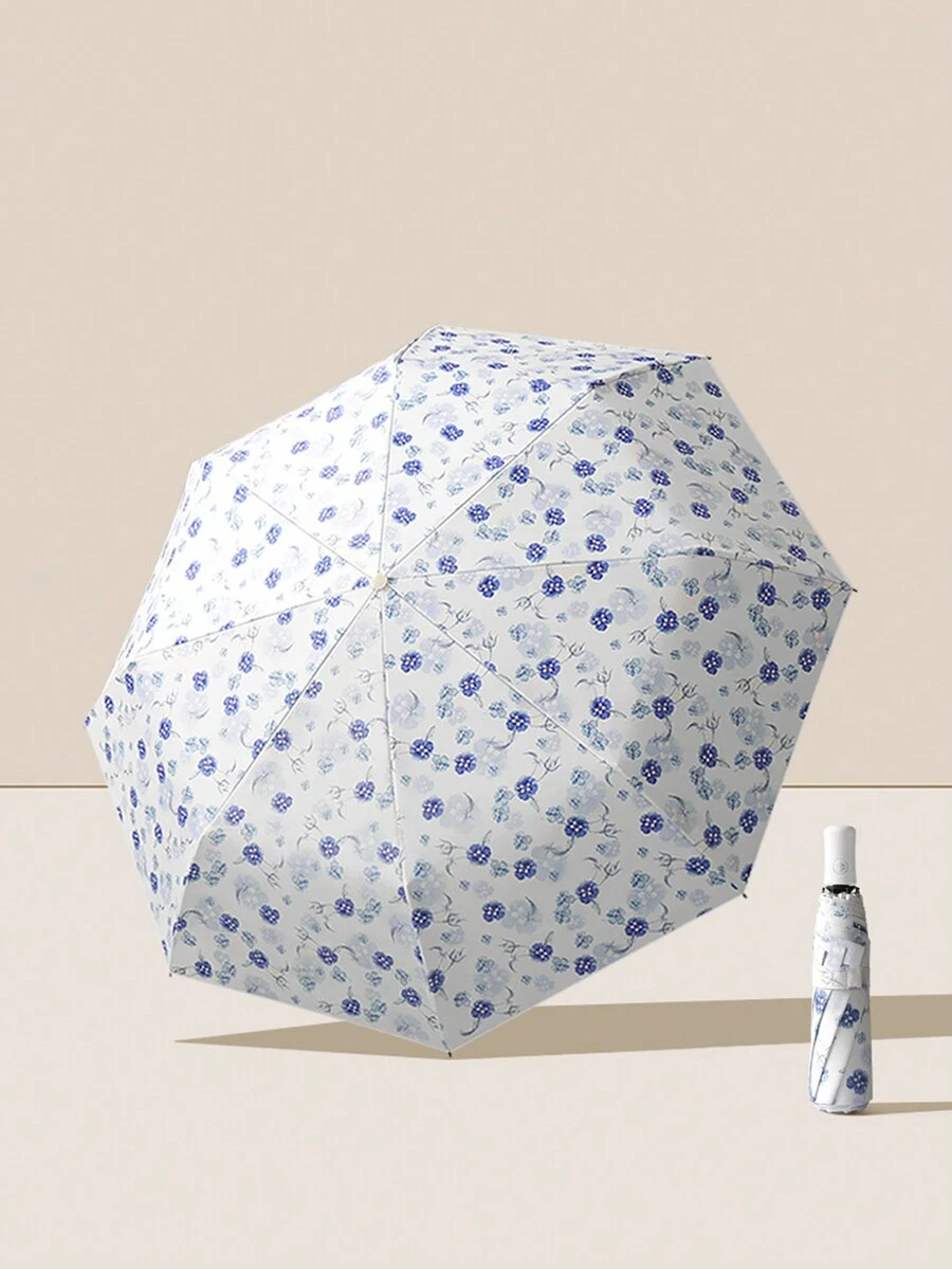 1 件全自动折叠遮阳雨伞，防紫外线 - 藍白色 - 查看 1