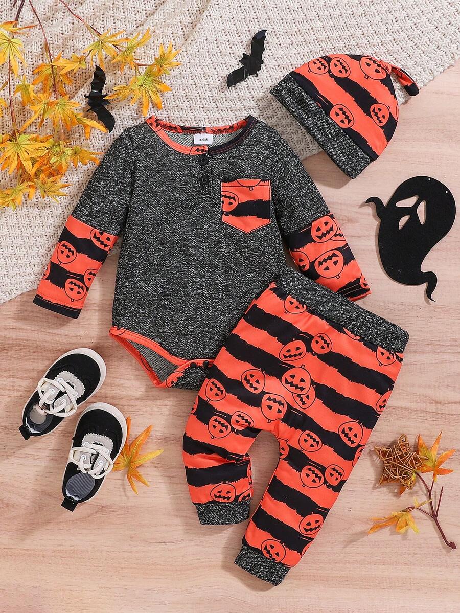 新款秋冬男宝宝衣服 男孩宝宝字母印花连帽卫衣+时尚牛仔裤休闲两件套 万圣节男宝宝女宝宝趣味可爱装扮鬼脸印花长袖三角连体衣+长裤帽子三件套 - 彩色 - 查看 1