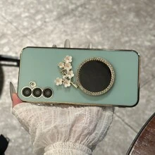 1个圆形镜面装饰6D直边金色边框手机壳，兼容、三星S24、S23、S22、S21、A11、A12、A13、A14、A53、A54、15、14、13、12、11 x 8、7英寸手机，兼容OPPO A54、vivo Y21、Redmi Note 9 Pro - 粉色 - 查看 11