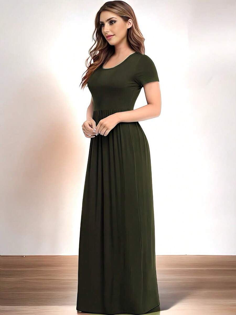 Vestido De Manga Corta Y Cuello Redondo Casual Para Mujer - Verde militar - Ver 1