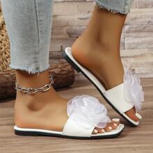 Women's Floral Print Slide Sandals, Summer Fashion Casual Flat Slip-On Slippers - White - View 3