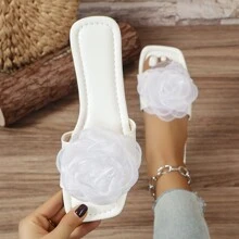 Women's Floral Print Slide Sandals, Summer Fashion Casual Flat Slip-On Slippers - White - View 6