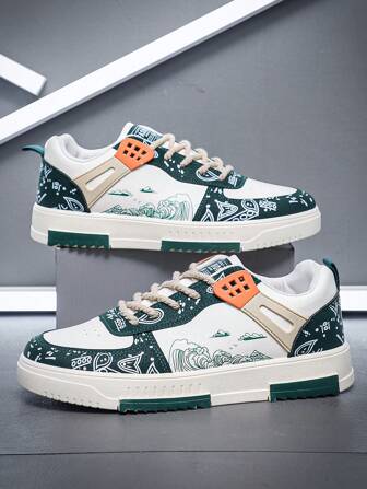 2024 New Men's Skateboard Shoes Chinese Style All-Match Graffiti Men's Shoes Casual Shoes Sports Shoes Men's Outdoor Comfortable Flat Sneakers Suitable For Students, Lace-Up Green Shoes