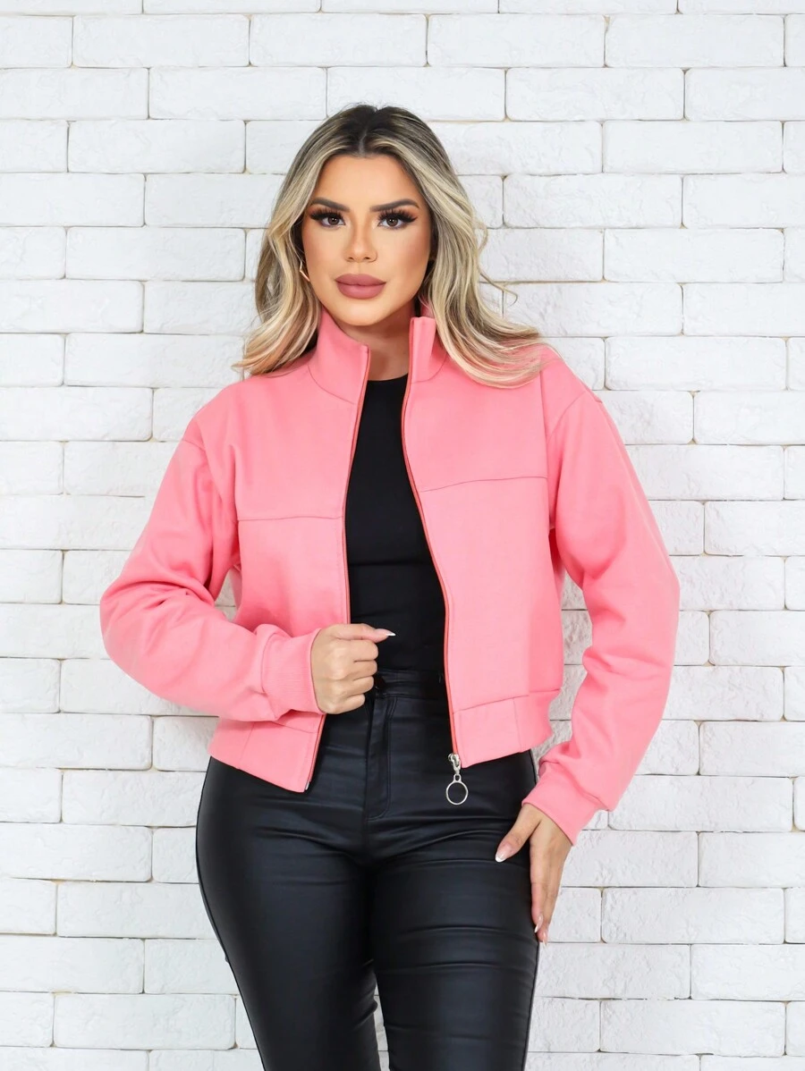 MONNEI Casual Single Zip Cropped Sweatshirts - 珊瑚橙 - 查看 1