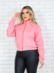 MONNEI Casual Single Zip Cropped Sweatshirts - 珊瑚橙 - 查看 2