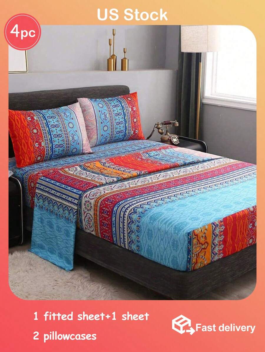 4pcs Bohemian Style Bedding Set (1 Bedsheet, 1 Bedskirt, 2 Pillowcases, No Pillow Inserts), Soft And Comfortable For All Seasons, Machine Washable, Home Decor - Multicolor - View 1