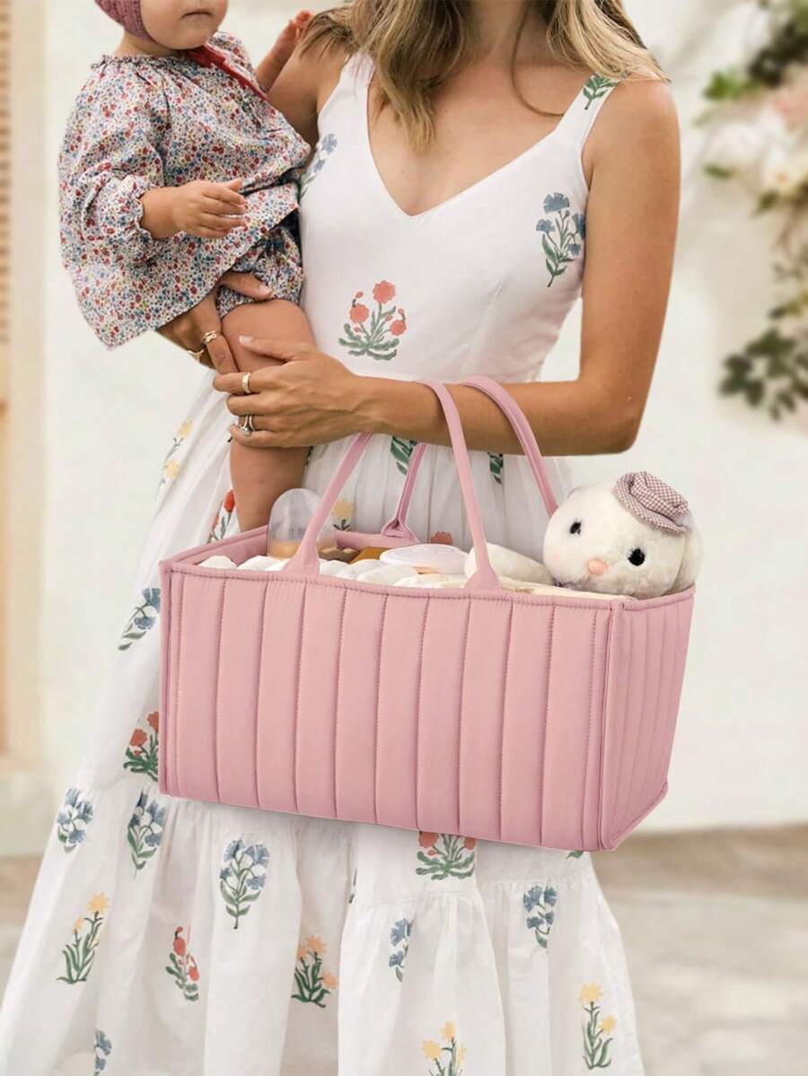 Diaper Bag Large Portable Diaper Caddy Basket-Diaper Organizer Caddy-Diaper Holder Tote Bag For Changing Table Newborn Registry Baby Shower Basket For Diapers & Wipe - Pink - View 1