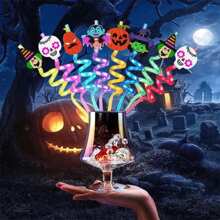 8/10 piezas Pajitas de plástico reutilizables para Halloween con diseños de calabaza, murciélago, telaraña y esqueleto, decoración para fiestas de cumpleaños y Halloween, para uso en exteriores y campamentos