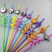 8/10 piezas Pajitas de plástico reutilizables para Halloween con diseños de calabaza, murciélago, telaraña y esqueleto, decoración para fiestas de cumpleaños y Halloween, para uso en exteriores y campamentos