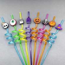 8/10 piezas Pajitas de plástico reutilizables para Halloween con diseños de calabaza, murciélago, telaraña y esqueleto, decoración para fiestas de cumpleaños y Halloween, para uso en exteriores y campamentos