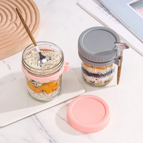 Contenedor de avena overnight con tapa y cuchara, tarros de vidrio para avena overnight, tarros de avena overnight, tarros de almacenamiento de alimentos, utensilios de cocina, accesorios de cocina