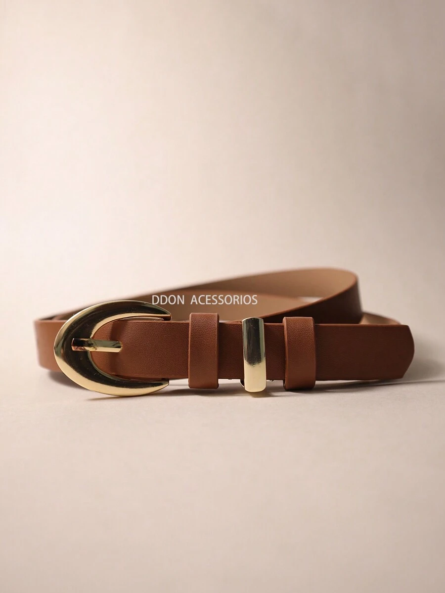 Women's Belts Fashion Golden Elliptical Buckle 1.9CM Width - màu nâu - Xem 1