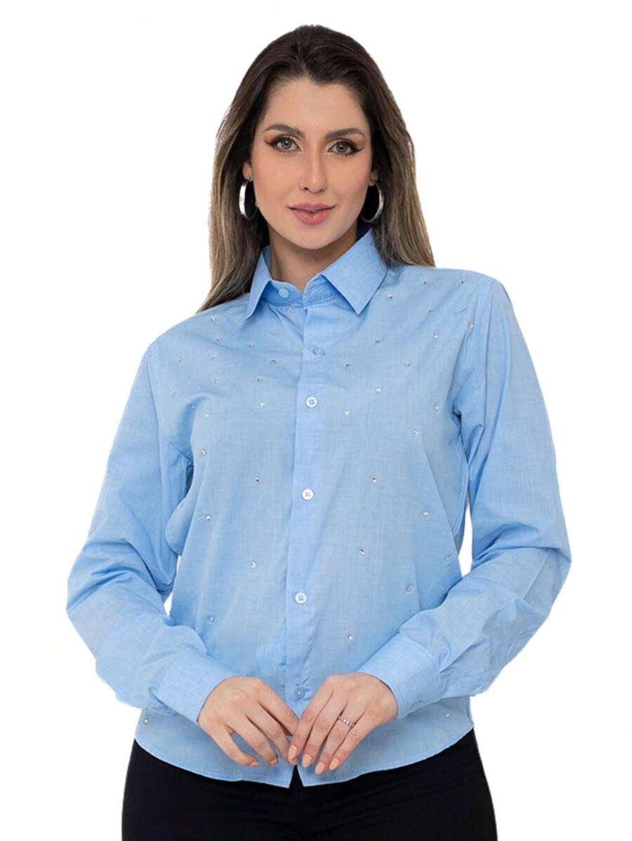 Premium Women's Linen Dress Shirt With Rhinestones - 淺藍色 - 查看 1