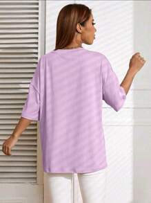 Oversized Women's Casual Off-Shoulder T-Shirt 100% Cotton With Lively Charcoal Print - Màu tím hoa cà - Xem 2