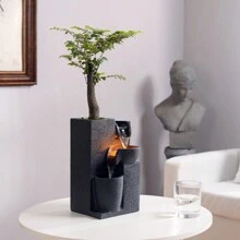 Haobos Fuente de cascada de interior con luz cálida, fuente de sobremesa de 3 tazones con sonido relajante con un pequeño macetero de plástico para plantas - Negro - Ver 4