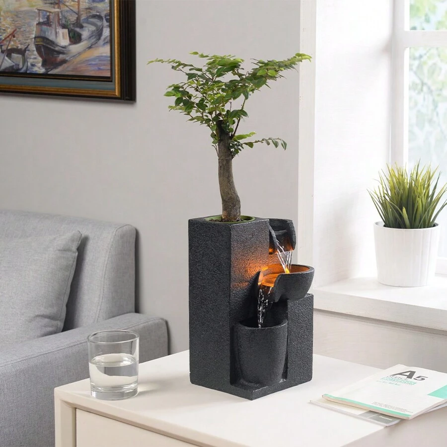 Haobos Fuente de cascada de interior con luz cálida, fuente de sobremesa de 3 tazones con sonido relajante con un pequeño macetero de plástico para plantas - Negro - Ver 1