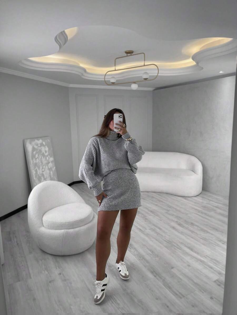 Long Sleeve Knitted Set With Short Skirt - 灰色 - 查看 1