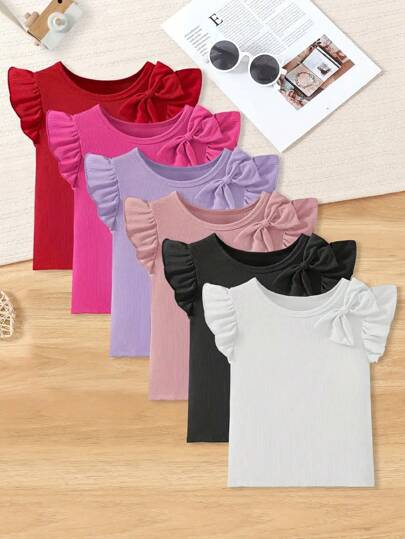 年轻女孩 6 件套针织纯色荷叶边袖圆领罗纹 T 恤，休闲时尚百搭 T 恤舒适夏季上衣