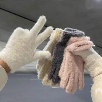1 Pair Thick Warm Winter Gloves, Fluffy Women Solid Color Cold-Proof Gloves
