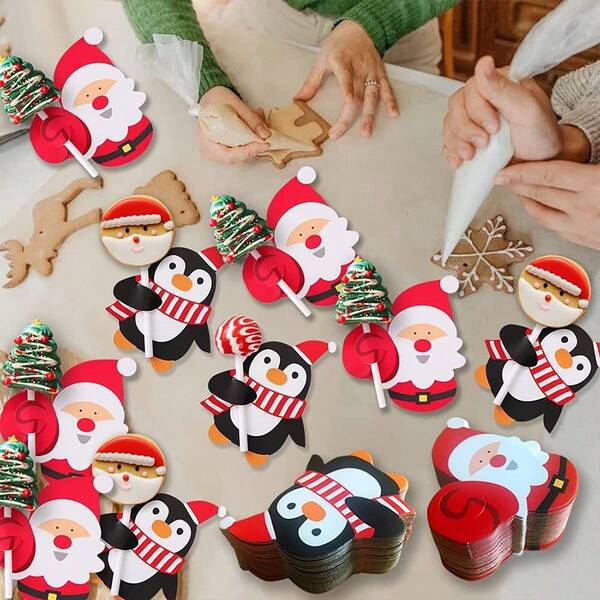 100pcs Christmas Lollipop Paper Cards, Cartoon Santa, Penguin, Snowman Candy Gift Bags Packaging, New Year Party Decorations, Christmas Party Decoration Cards,Christmas