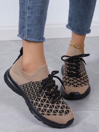 New Round Toe Lace-Up Color Block Lightweight & Comfortable Fashion Casual Outdoor Running Shoes For Women