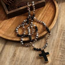 1pc Springtime Fashion Bohemia Style Natural Stone & Glass Beads Knotted Necklace With Cross Pendant, For Sweater Chain
