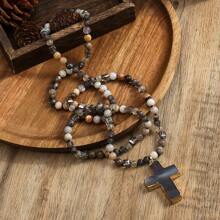 1pc Springtime Fashion Bohemia Style Natural Stone & Glass Beads Knotted Necklace With Cross Pendant, For Sweater Chain
