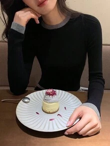 女士圆领修身薄款针织撞色毛衣，简约休闲，秋冬款，适合日常通勤，长袖上衣，黑色 - 黑色 - 查看 6