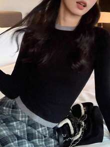 女士圆领修身薄款针织撞色毛衣，简约休闲，秋冬款，适合日常通勤，长袖上衣，黑色 - 黑色 - 查看 3