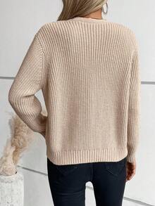 conciso Chaqueta tipo cardigan de mujer de unicolor con cierre sencillo, cuello en V y tejido de punto en estilo retro - Caqui - Ver 3