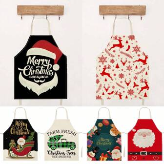 1pc Santa Claus, Reindeer, Snowflake Printed Linen Fashion Apron For Christmas, Home Cleaning, Kitchen Cooking, Household Use