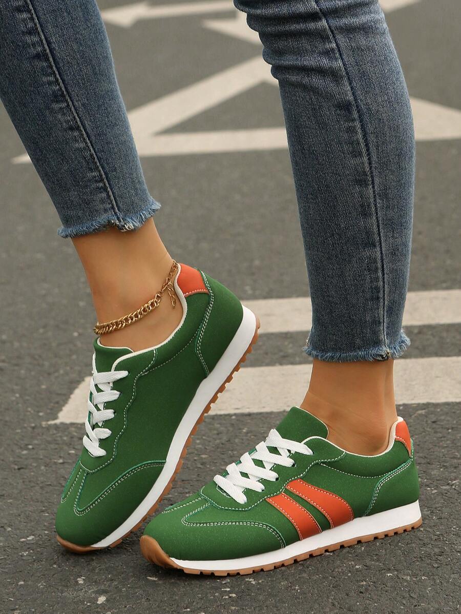 Giày thể thao đế xuồng thông thường có dây buộc màu xanh lá cây cho nữ - xanh quân đội - Xem 1