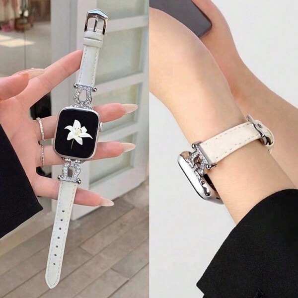 1 Pc Diamond Bling Metal Becorative Fancy Jewelry Stylish Cute Elegant Slim Leather Link Loop Compatible With Apple Watch Band For Women Sport Halloween Black Silver Thin 38mm 40mm 41mm 42mm 44mm 45mm 46mm 49mm , Strap Compatible With Apple Watch Watchband Series Ultra S10 9/8/7/6/5/4/3/2/1 SE