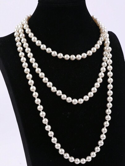 1pc Ladies Multi-Strand Pearl Beaded Knotted Necklace, Pearl White, Elegant Style For Vacation, Casual, Party